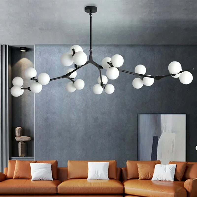 Polished Metal Pendant Light with Glass Globes Gold Black G4 LED Dining Room Living Room Branch Design Modern | Sansoti