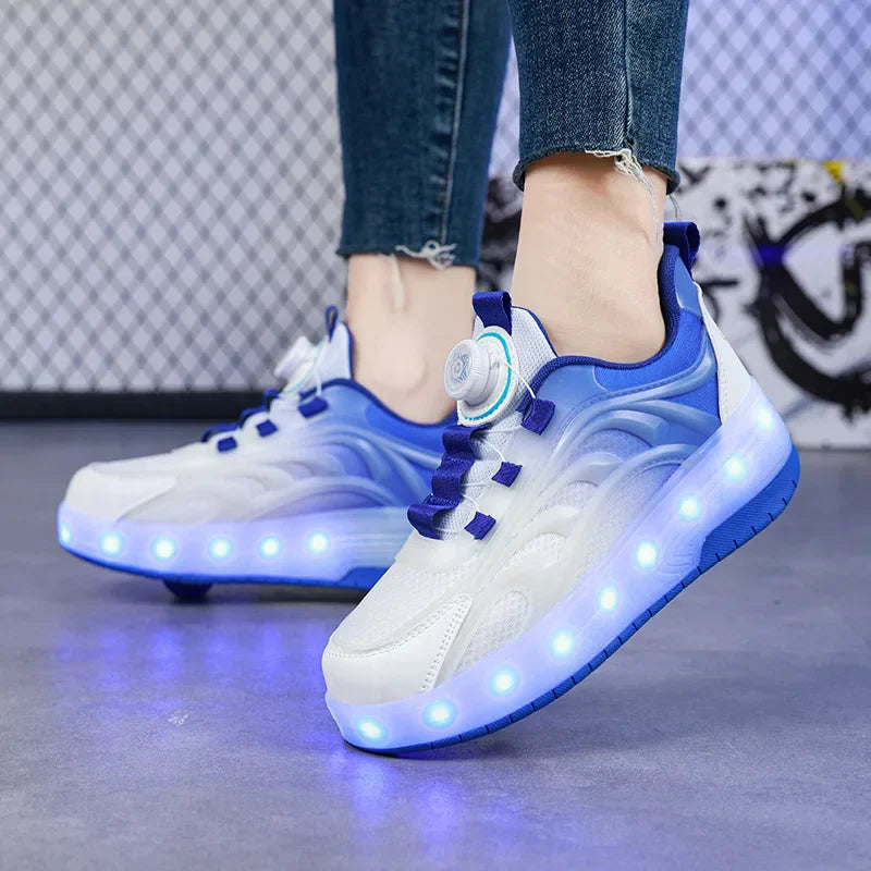 LED roller skate shoes USB rechargeable pink blue kids sneakers with wheels light-up skates for outdoor boys girls | Sansoti