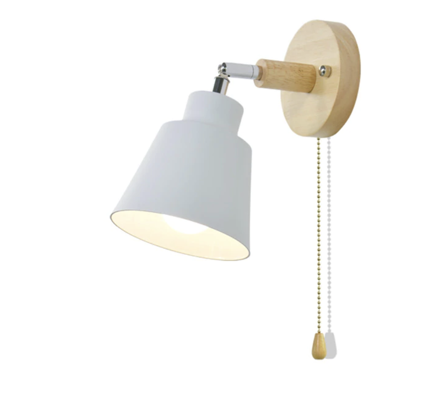 Regulowana lampa ścienna z włącznikiem sznurkowym i drewnianą podstawą, lampka do czytania, do sypialni, nad szafkę nocną, obrót o 180° | Sansoti