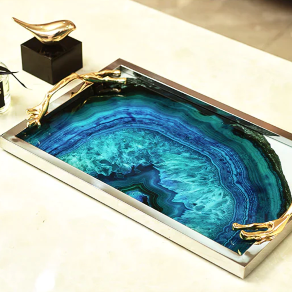 Decorative Tray with Blue Agate Print – Rectangular and Round Glass with Stainless Steel Frame – Stylish Serving Board for Drinks and Snacks | Sansoti