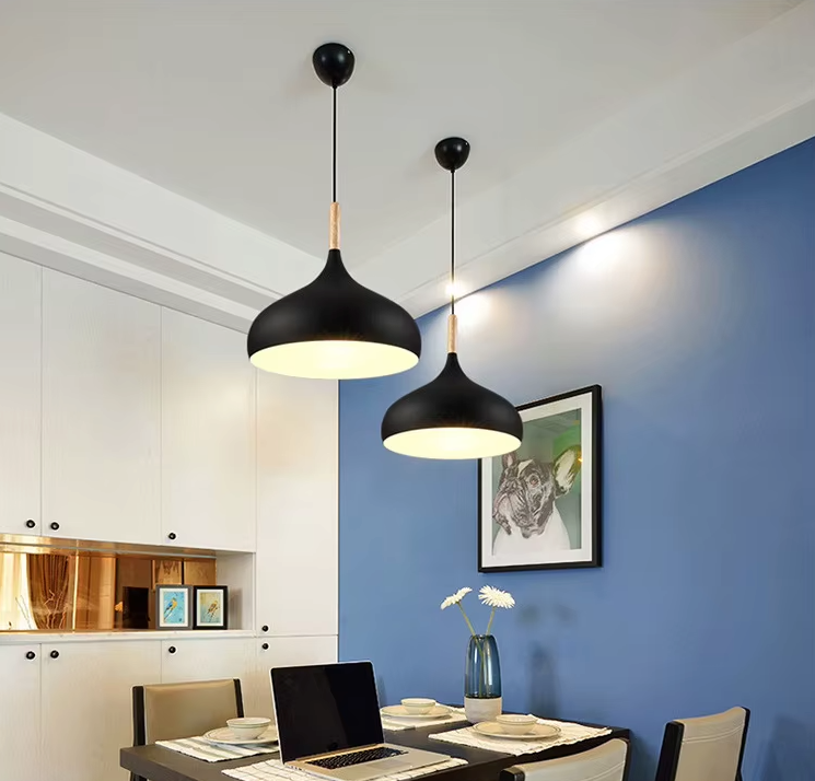 Suspension scandinave en aluminium et bois design E27 couleurs 24cm | Sansoti