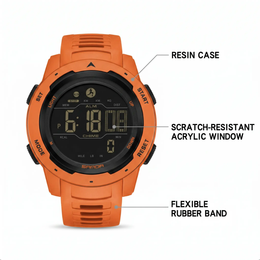 Montre de sport numérique avec podomètre – Montre outdoor résistante à l’eau, étanche à 5 bar | Sansoti