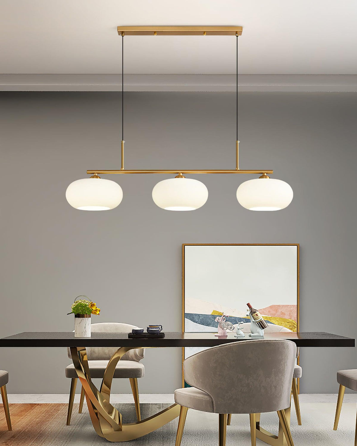 Design Pendant Lamp with 3 Globe Shades - Stylish Dining Room Lighting for Table and Kitchen Island - Adjustable 150 cm - Nickel or Gold - E26/E27 | Sansoti