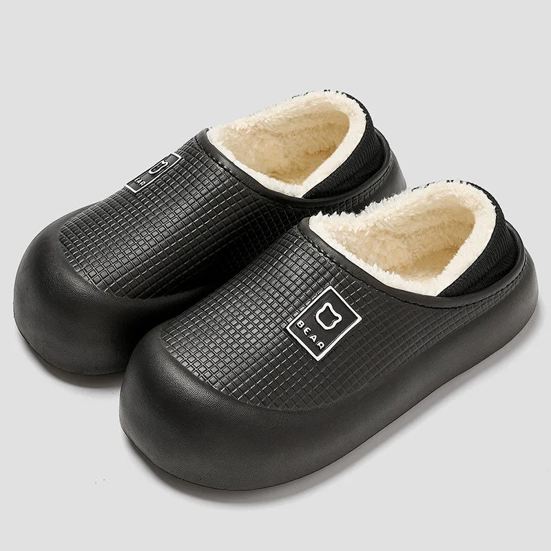 Waterproof slippers with thick soles, plush lining, non-slip, for indoor and outdoor use, black and purple, unisex comfort | Sansoti
