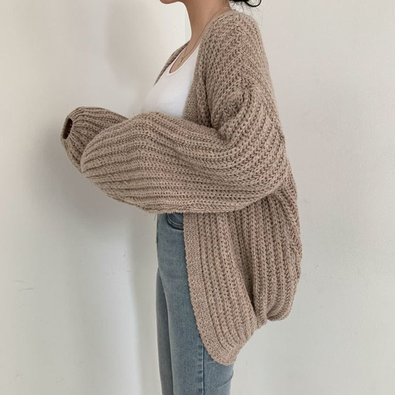 Grobgestrickte Oversized-Strickjacke mit Ballonärmeln Zopfmuster Damen Offene Cardigan Einheitsgröße Gestrickt | Sansoti