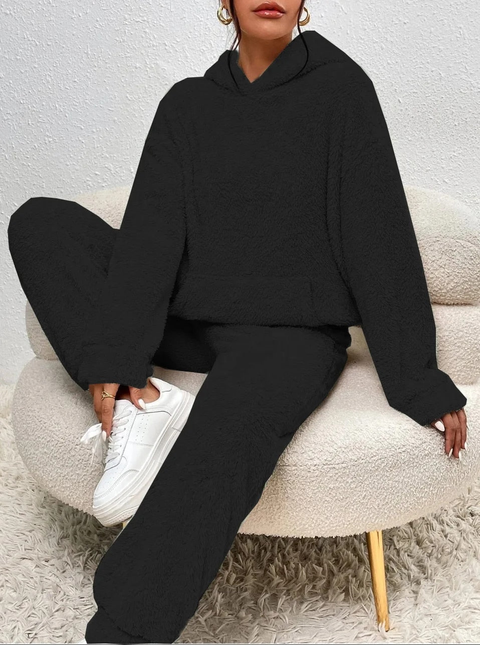Ensemble d’intérieur en polaire teddy à capuche pour femmes, gris, beige ou vert, tenue d’hiver deux pièces avec pantalon doux | Sansoti