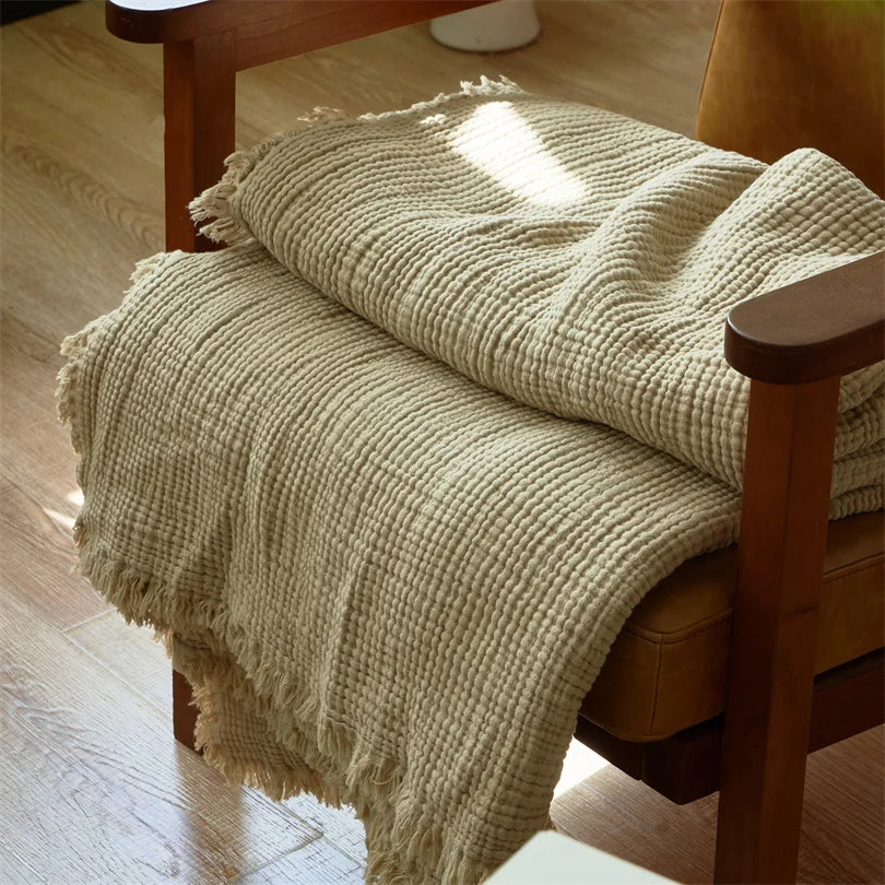 Musselin-Plaid mit Quasten, reine Baumwolle, sechslagig gewebte Decke für Sofa, Bett und Klimaanlage, Wohnzimmer und Schlafzimmer, stilvoll | Sansoti