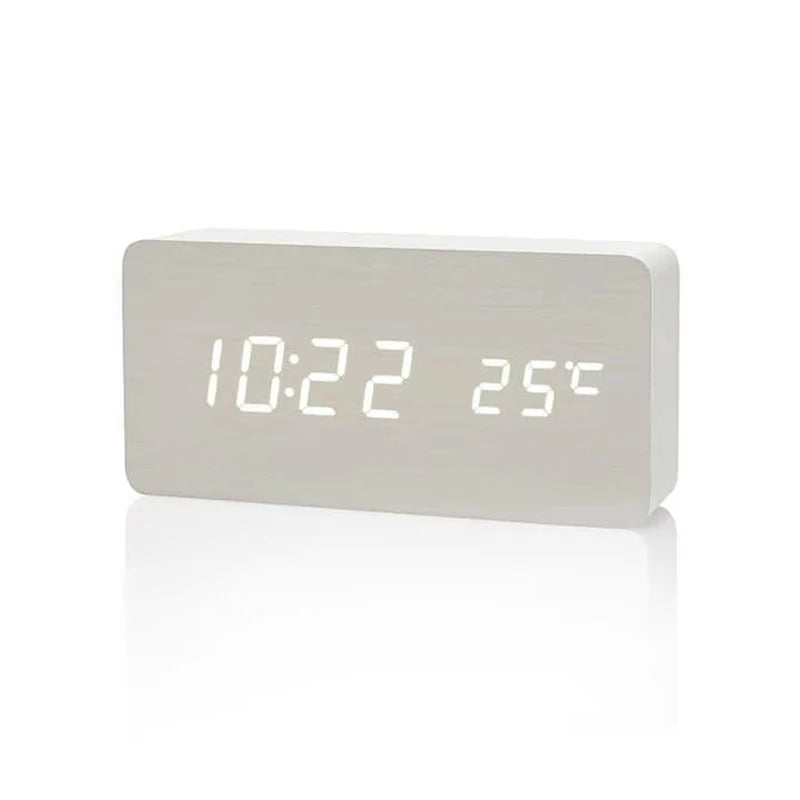 Digital Alarm Clock Wood Look LED Bamboo Black Brown Temperature USB Bedroom Desk 3 Alarms Adjustable Brightness 12/24h Table Clock | Sansoti