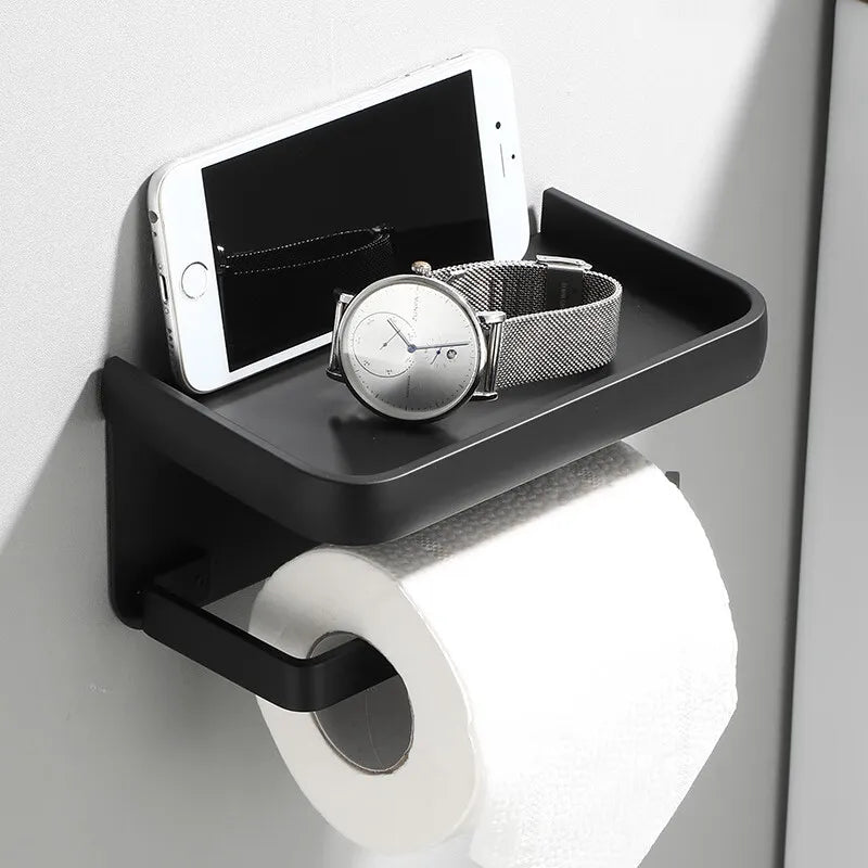 Toilettenpapierhalter Aluminium Schwarz 18,3cm Mit Ablage Wandmontage Badezimmer Telefonhalter Aufbewahrungsregal Modern Minimalistisch | Sansoti