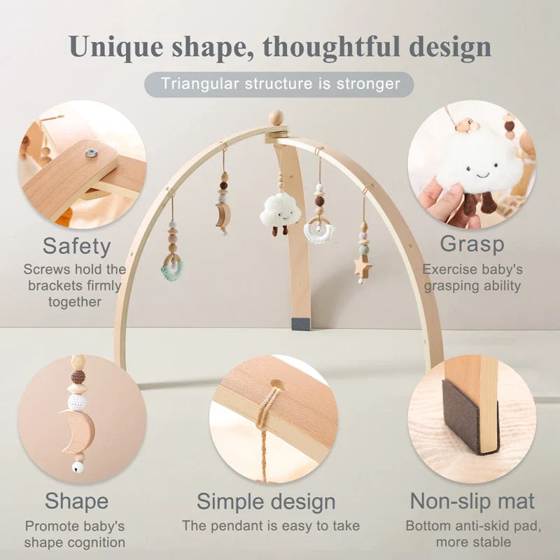 Arche de jeu en bois avec jouets suspendus pour bébés - Stimule la motricité et les sens - Bois naturel - Design nordique | Sansoti