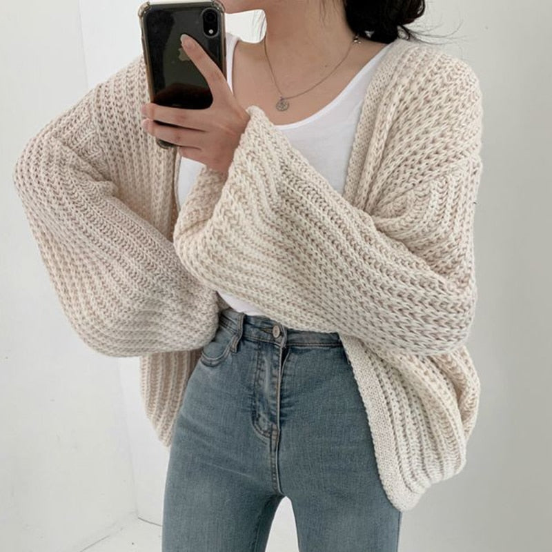 Grobgestrickte Oversized-Strickjacke mit Ballonärmeln Zopfmuster Damen Offene Cardigan Einheitsgröße Gestrickt | Sansoti