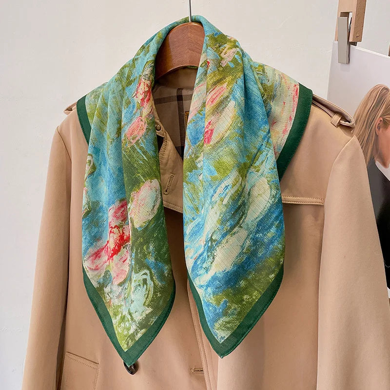 Quadratisches Bandana 68x68cm mit Baumwollprint, Kopftuch für Damen, Haar- und Halstuch, multifunktional für alle vier Jahreszeiten | Sansoti
