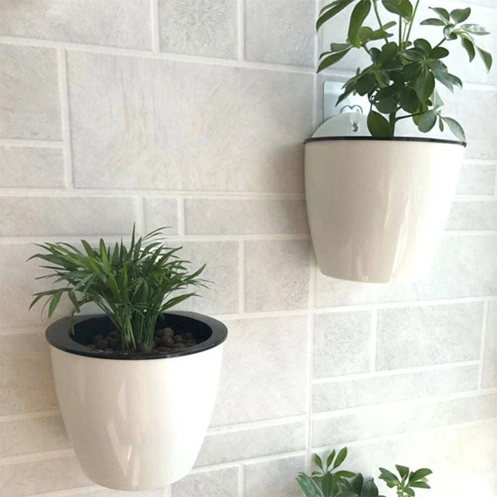 Flowerpot outdoor wall mount white plastic self-watering balcony wall hydroponic plant pot indoor garden office hanging pot | Sansoti