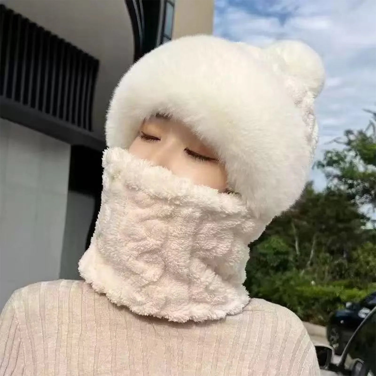 Fleece Balaclava with Pom-Pom Black Beige Khaki – Winter Hat Scarf Neck Warmer Hood Women Men Cycling | Sansoti
