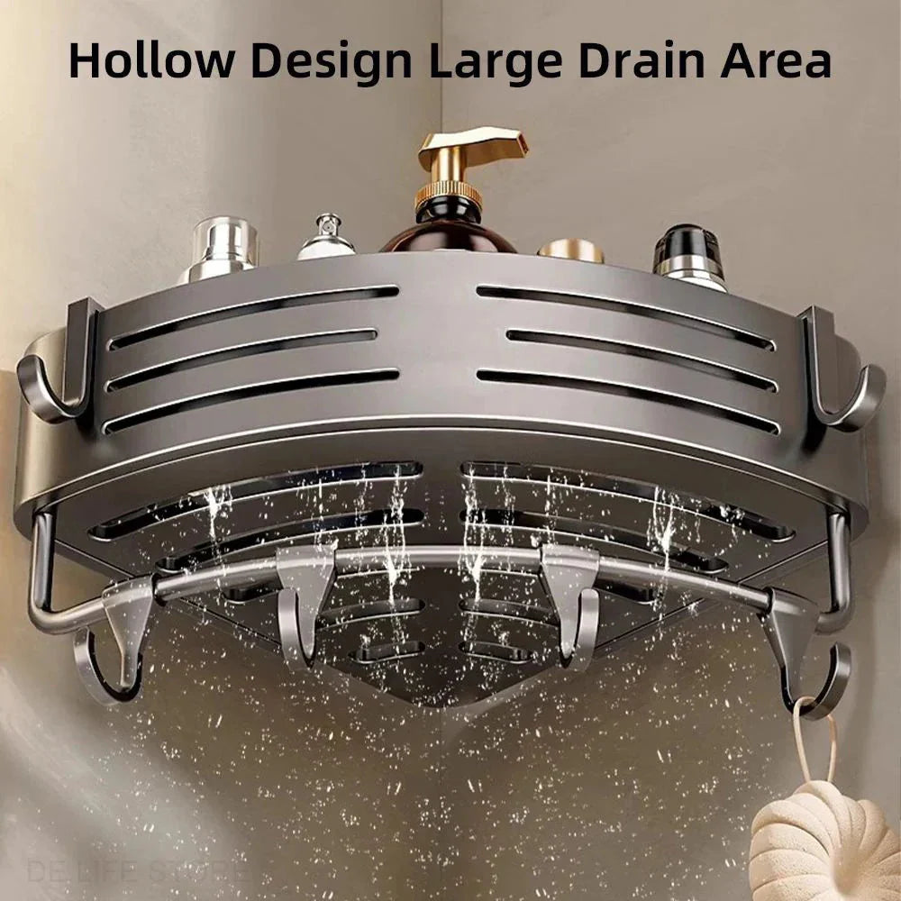 Adjustable Shower Rack Set 2-piece Aluminum No Drilling with Hooks Drain Grate Wall Mount | Sansoti
