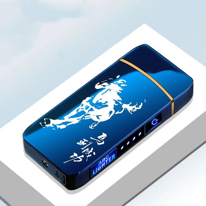 Electronic Plasma Lighter USB Rechargeable Windproof Metal Blue For Candles Pipes Mosquito Coils Double Arc Touch Sensor LED Display | Sansoti