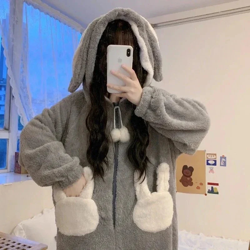 Onesie Huispak met Capuchon en Oortjes Warm Fluweel Loungewear Dames Heren Winter Slaapkleding Relaxkleding | Sansoti