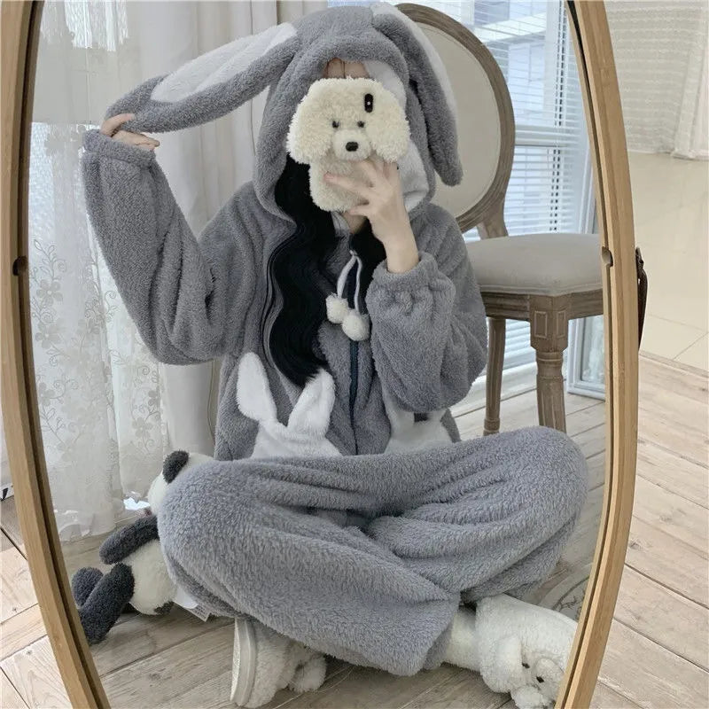 Onesie Huispak met Capuchon en Oortjes Warm Fluweel Loungewear Dames Heren Winter Slaapkleding Relaxkleding | Sansoti