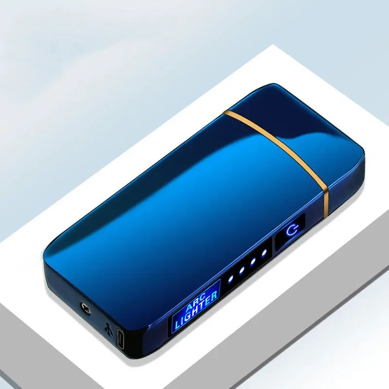 Electronic Plasma Lighter USB Rechargeable Windproof Metal Blue For Candles Pipes Mosquito Coils Double Arc Touch Sensor LED Display | Sansoti