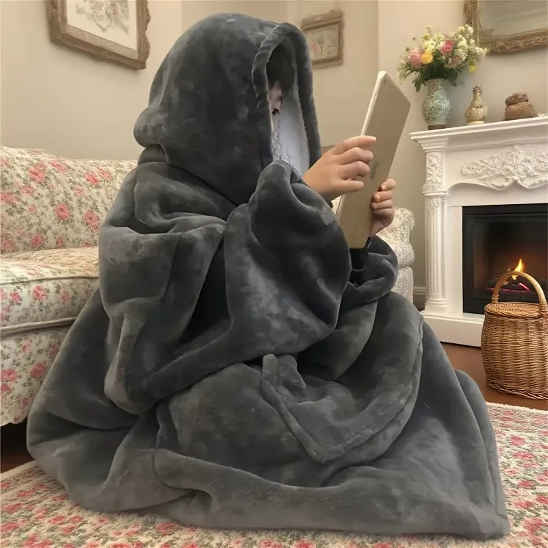 Reversible Hoodie Blanket Fleece Wearable with Pocket Oversized House Robe Loungewear Comfortable Homewear | Sansoti