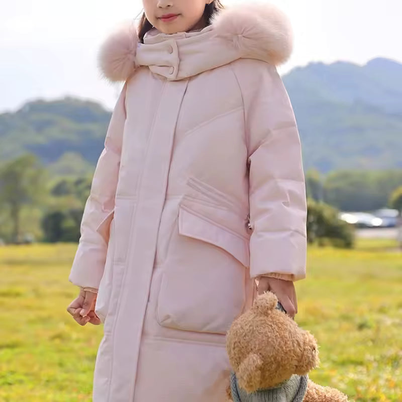 Winter Jacket Children Cotton Polyester Black Girls Hood Warm Coat Winter Jacket Girls Long Coat With Fur Collar Daily Use | Sansoti