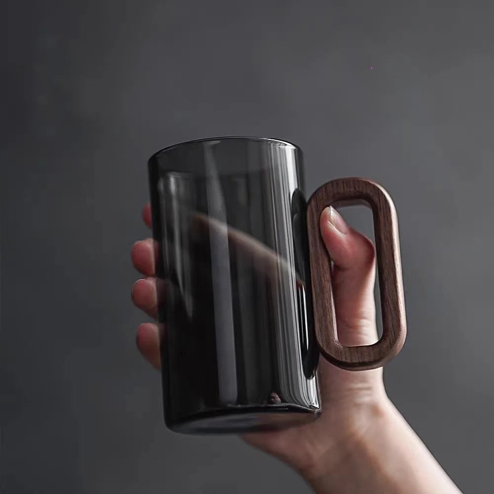 Glasbecher mit Holzgriff 350ml – Borosilikatglas für Tee, Kaffee und Saft | Sansoti