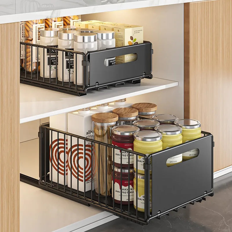 Tiroir à épices extensible cuisine acier au carbone 37,5cm noir Organisateur d’armoire Tiroir à épices extractible Bac de rangement profond | Sansoti