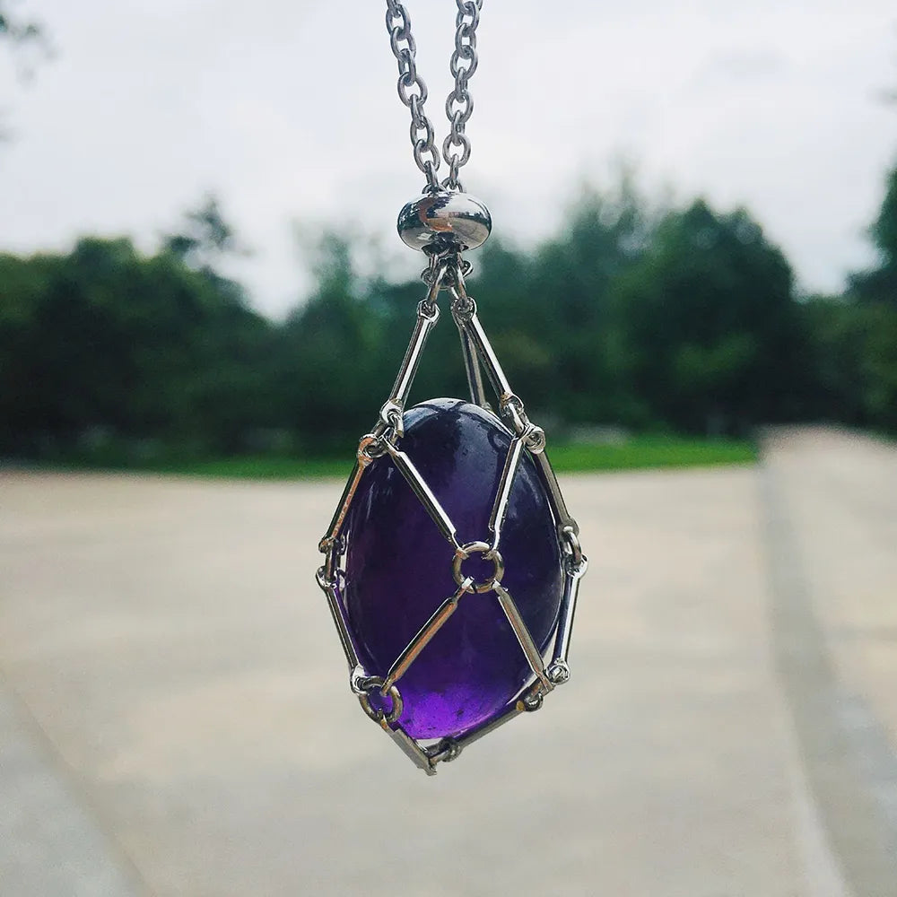 Adjustable Crystal Necklace with Interchangeable Cage Pendant, Gemstones, Titanium Steel, Trendy Women's Jewelry | Sansoti