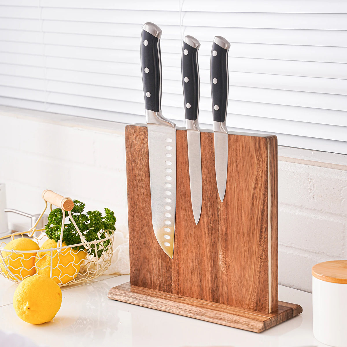 Porte-Couteaux Magnétique Bois d'Acacia Bloc à Couteaux Cuisine Support de Table Rangement Sans Perçage Bloc Naturel | Sansoti