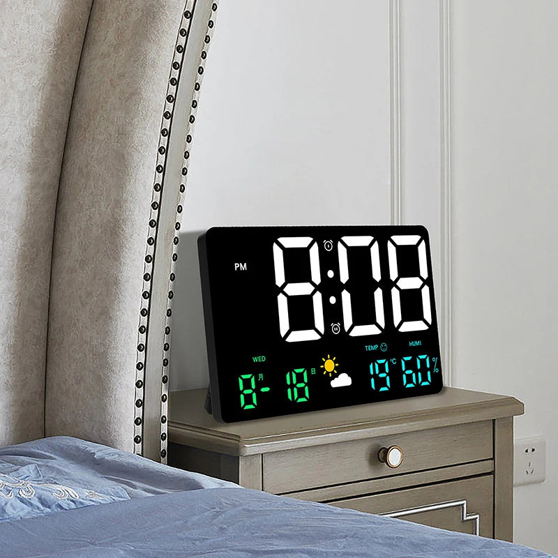 Digital LED Wall Clock Temperature Humidity Weather Station Alarm Color Screen Bedroom Living Room Office Calendar | Sansoti