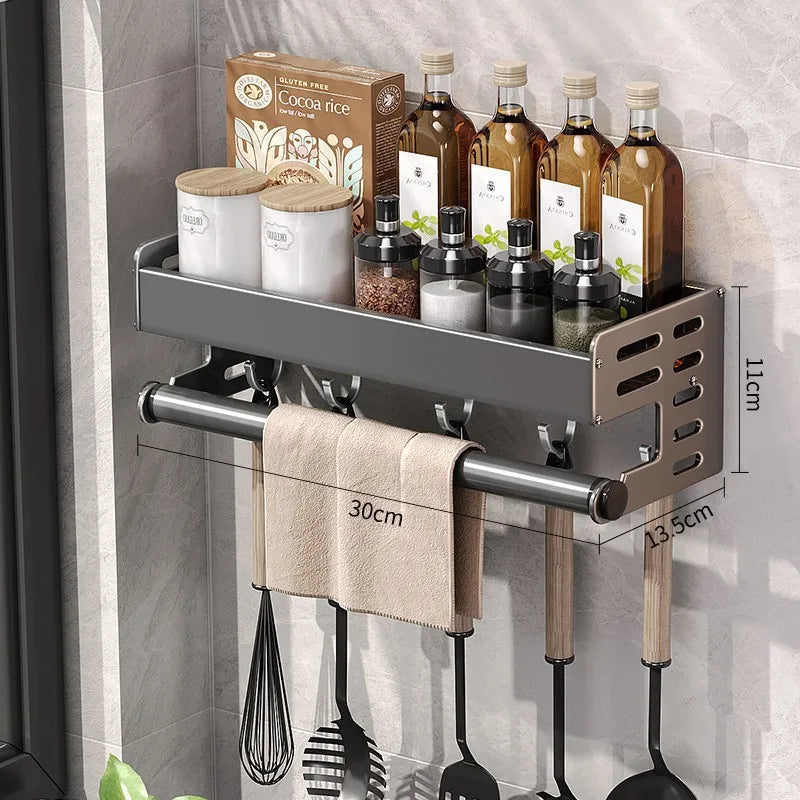 Aluminiowy kuchenny regał ścienny 30–50 cm w kolorze gunmetal, półka na przyprawy bez wiercenia, wieszak, organizer kuchenny, uchwyt na noże do montażu na ścianie | Sansoti