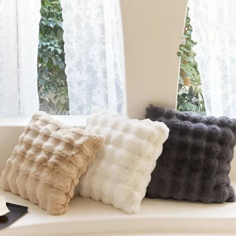 Soft Plush Cushion Cover 45x45cm Rabbit Fur Look White Beige Gray | Living Room Bedroom Decorative Throw Pillow | Scandinavian | Sansoti