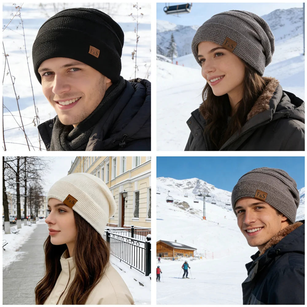 Gestrickte Slouchy-Beanie-Wintermütze mit Fleecefutter, Unisex, lässige Streetwear, für Erwachsene, Kopfumfang 56-60cm | Sansoti