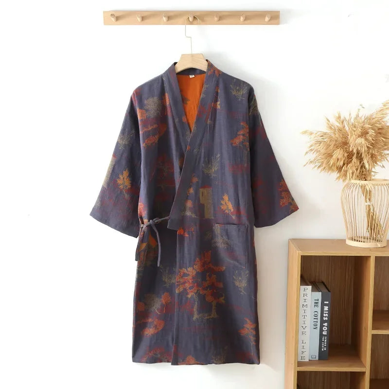 Cotton Kimono Robe for Men, Long Lightweight V-Neck Printed Cotton Loungewear Housecoat | Sansoti