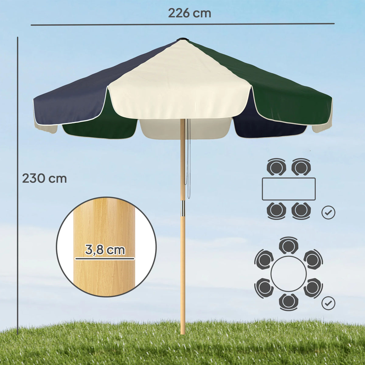 Garden parasol Ø230cm Two-tone Dark Green Cream UPF30+ Pulley System Patio Cover Beach Garden Balcony | Sansoti