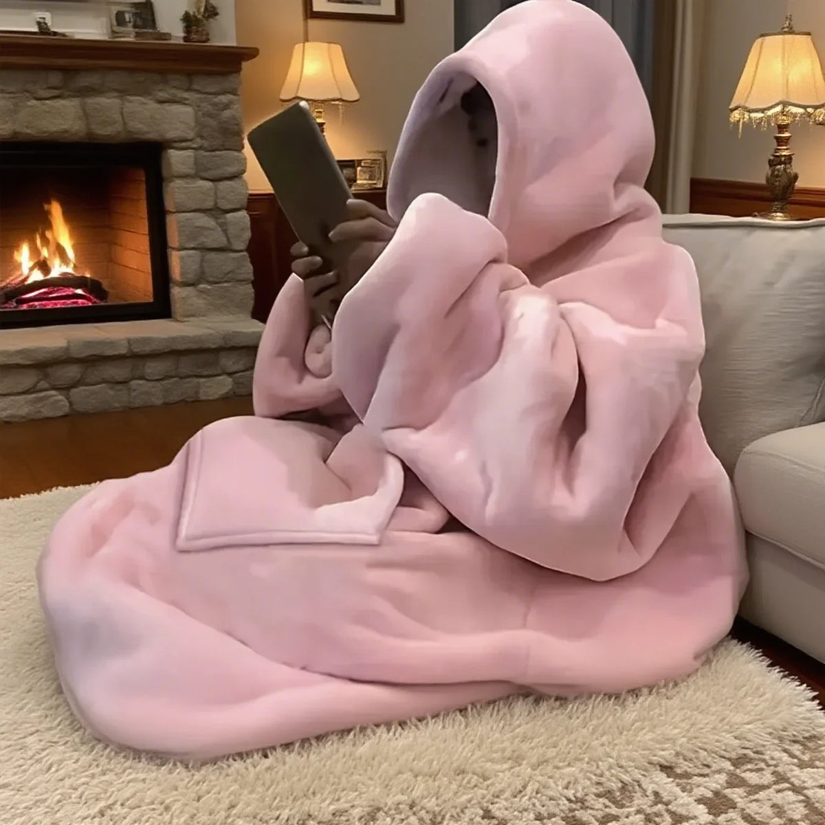 Reversible Hoodie Blanket Fleece Wearable with Pocket Oversized House Robe Loungewear Comfortable Homewear | Sansoti