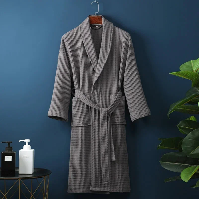 Waffle Cotton Bathrobe Spring Summer Lightweight Morning Robe Long Sleeves Spa Hotel Sauna Wellness Women Men | Sansoti