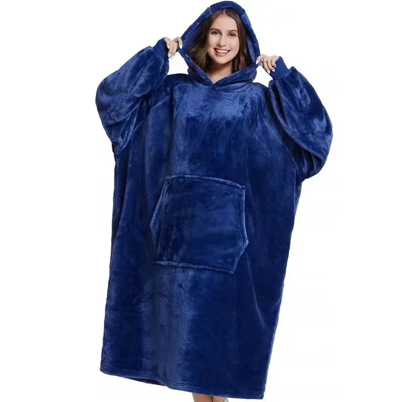 Reversible Hoodie Blanket Fleece Wearable with Pocket Oversized House Robe Loungewear Comfortable Homewear | Sansoti
