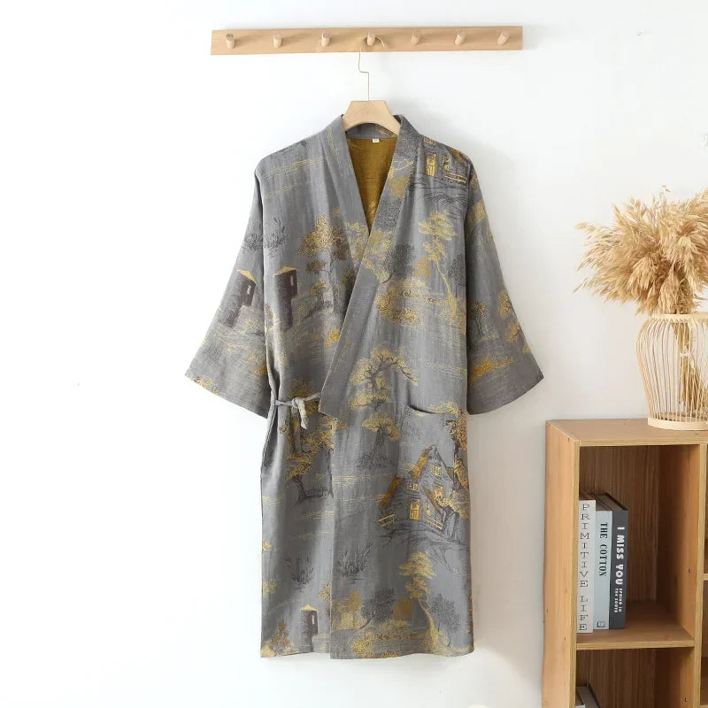 Cotton Kimono Robe for Men, Long Lightweight V-Neck Printed Cotton Loungewear Housecoat | Sansoti