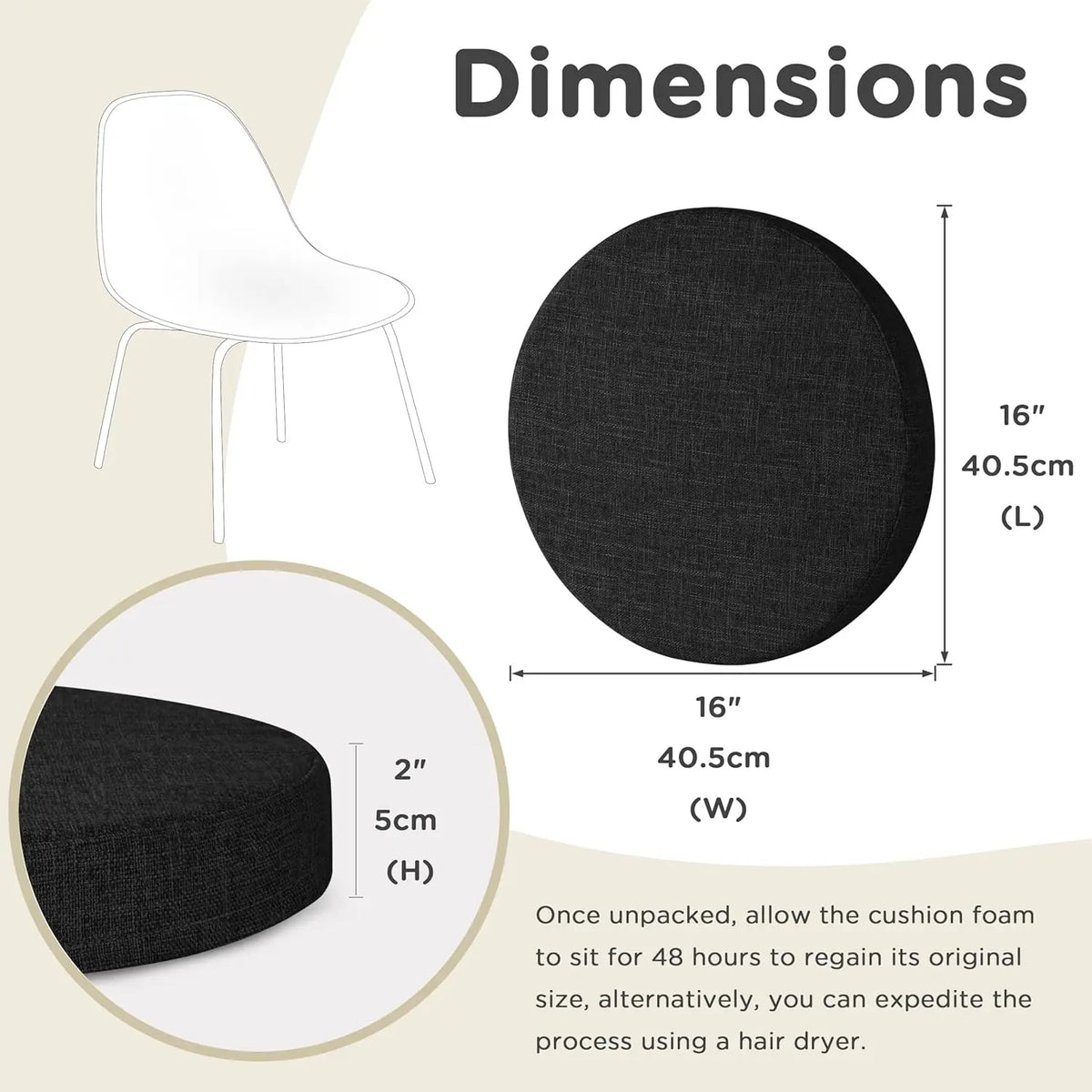 Coussin d’assise rond en coton-lin lavable avec fermeture éclair 30-60 cm pour chaise de salle à manger, tabouret de bar, cuisine, bureau et chaise de jardin | Sansoti