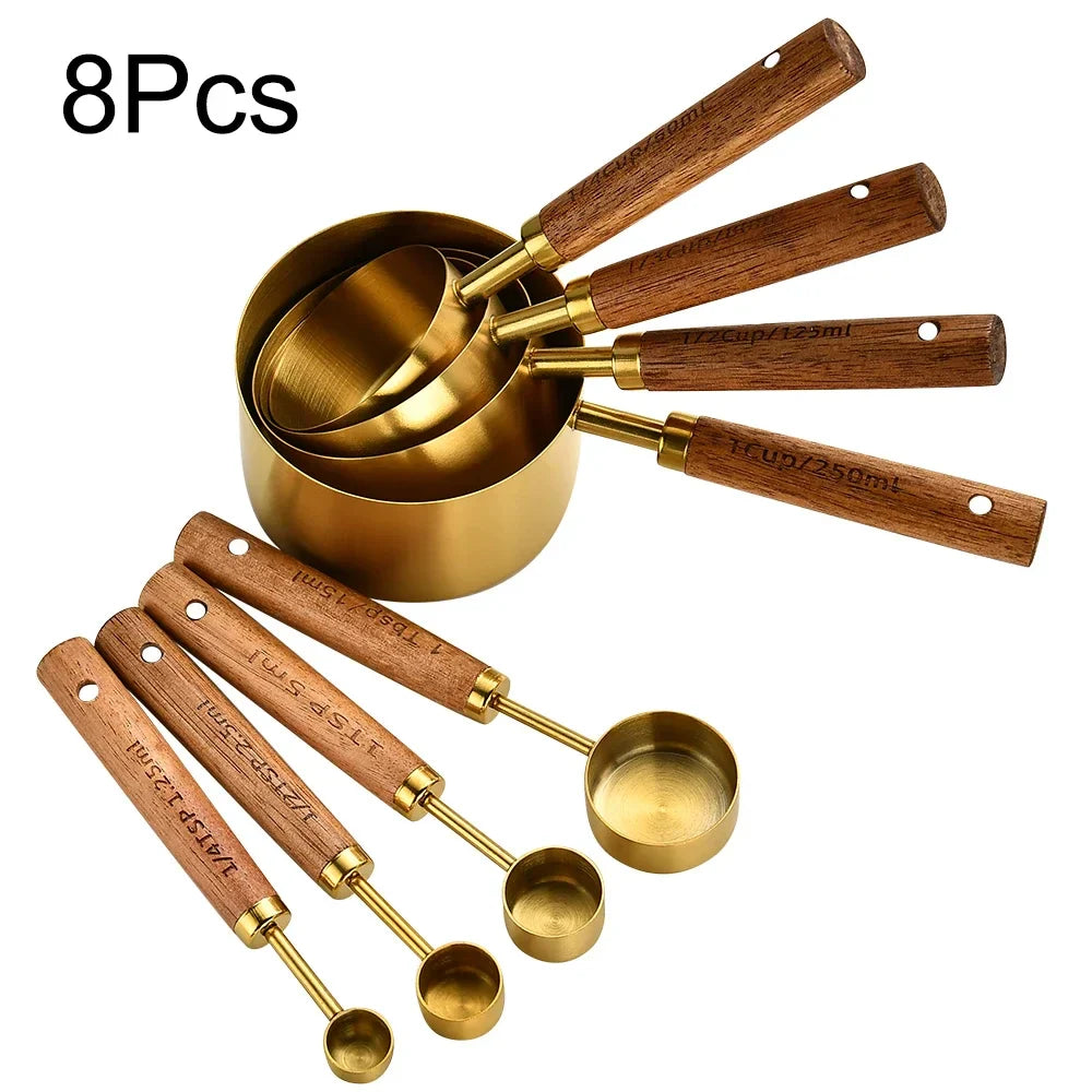 Rustic Stainless Steel Measuring Spoon Set 8-Piece with Wooden Handles for Kitchen and Baking | Sansoti