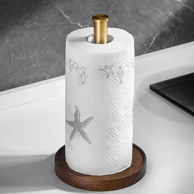 Keukenrolhouder Notenhout met Messing Staander Vrijstaand Keukenaccessoire Duurzaam Scandinavisch Design | Sansoti