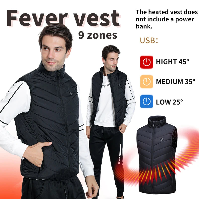 Verwarmbaar Bodywarmer Heren 9 Verwarmingszones USB Wintervest Outdoor Casual Thermisch Gevoerd Warm Vest | Sansoti