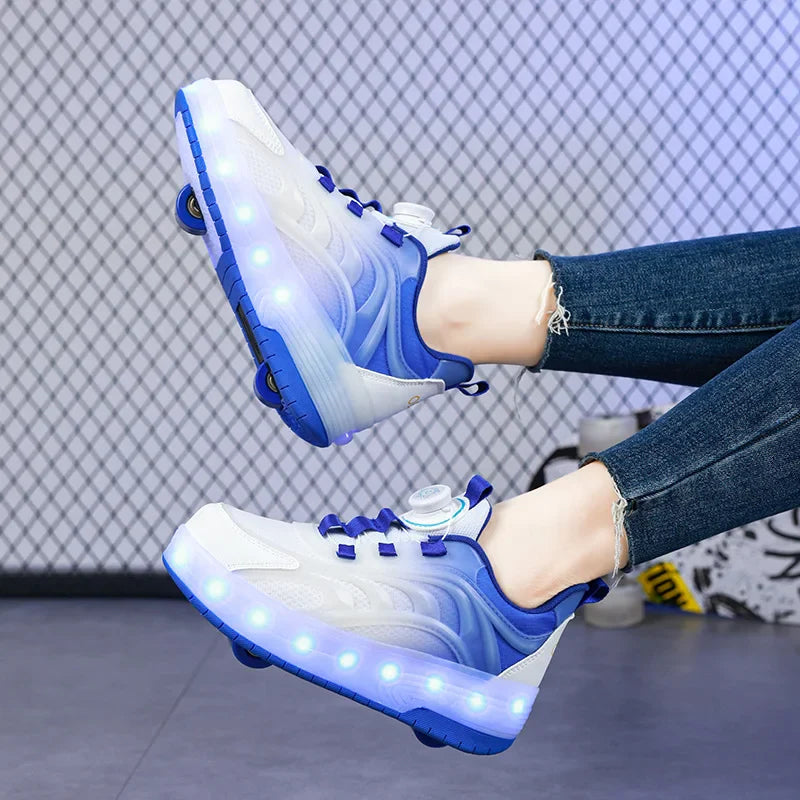 LED roller skate shoes USB rechargeable pink blue kids sneakers with wheels light-up skates for outdoor boys girls | Sansoti