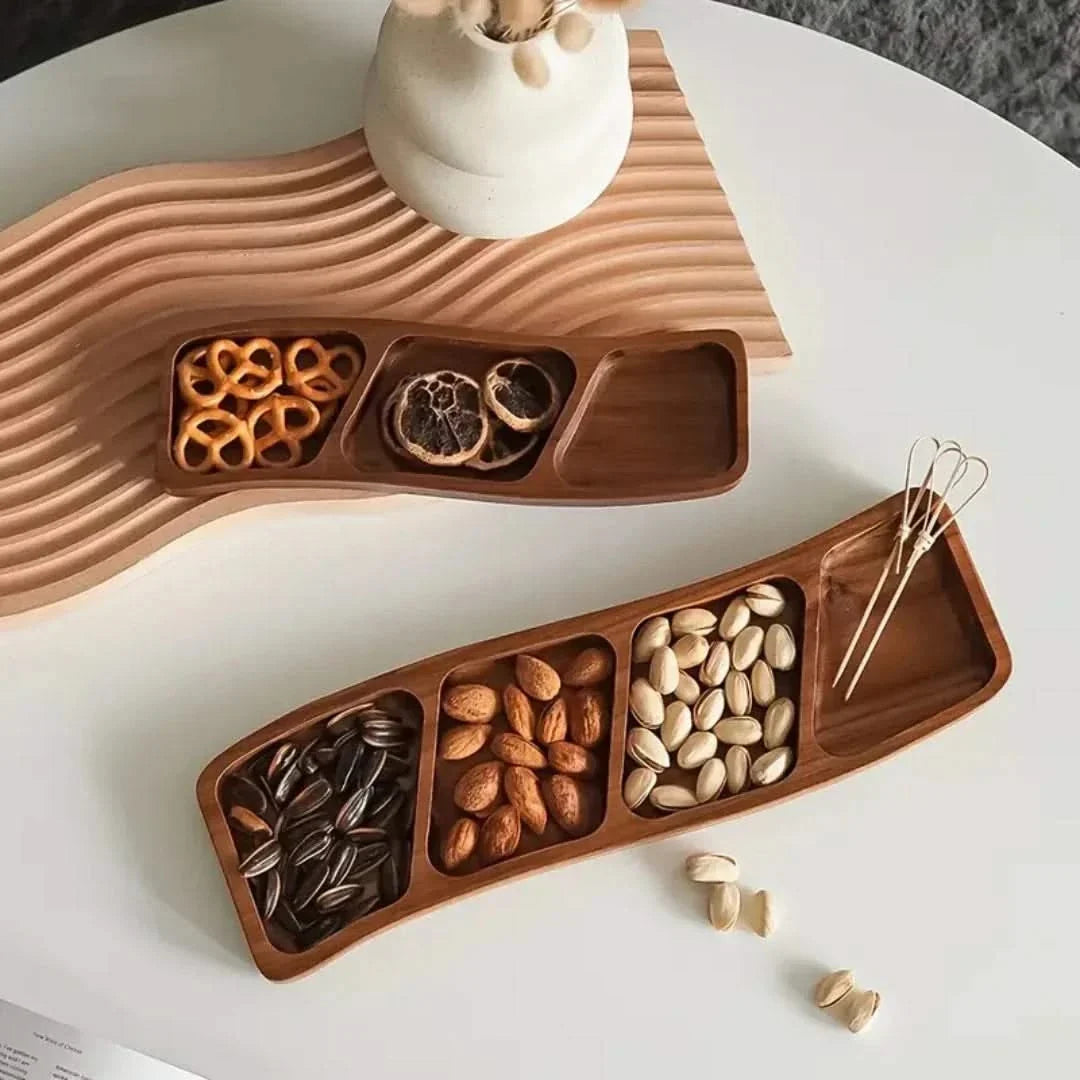 Wooden Serving Tray with Sections, 3 or 4 Compartments, Natural Presentation Platter for Snacks, Serving Board, Kitchen | Sansoti