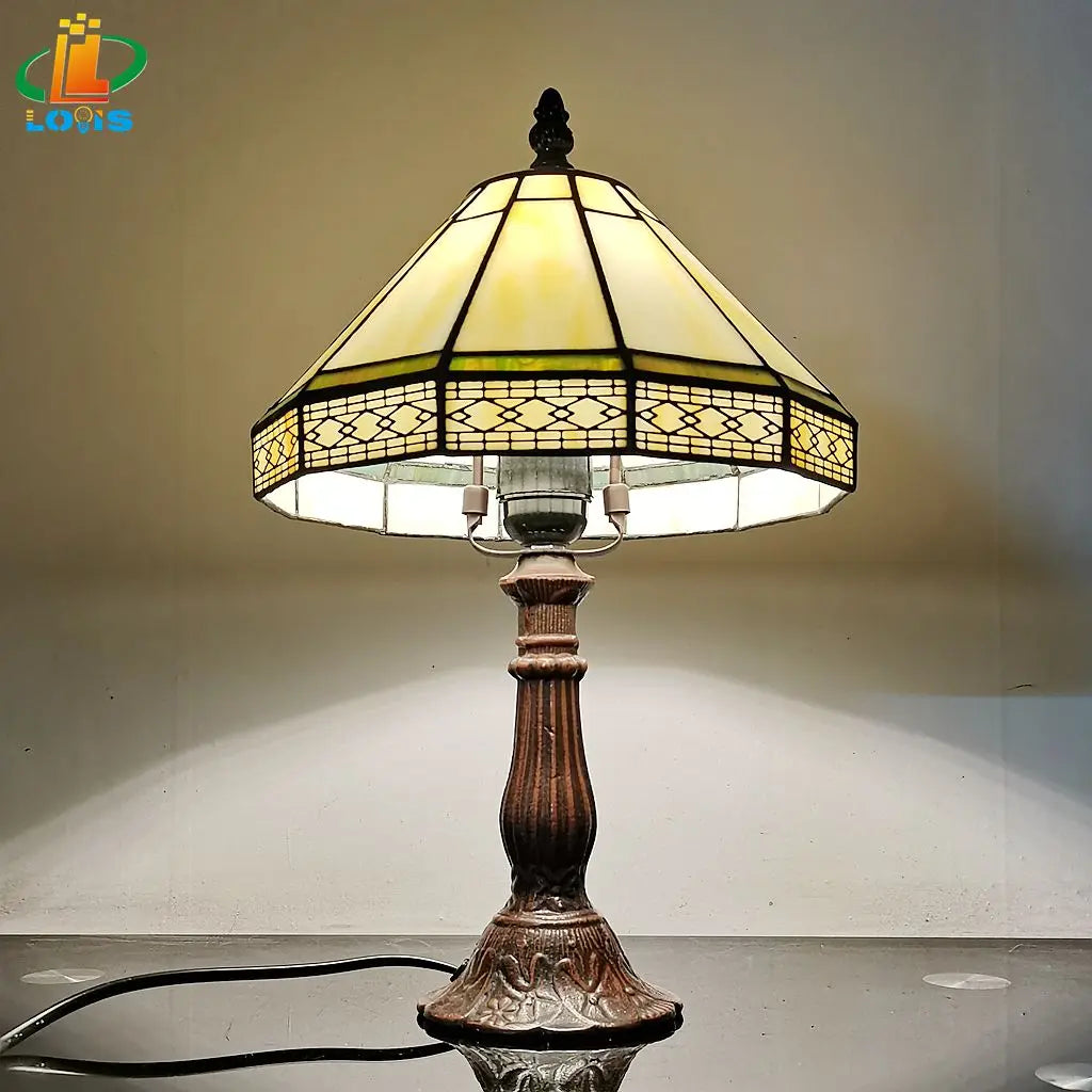 Lampe de table Tiffany verre teinté 22 cm vert géométrique salon bureau chambre vintage lampe de nuit lampe de chevet lampe d'ambiance E27 | Sansoti