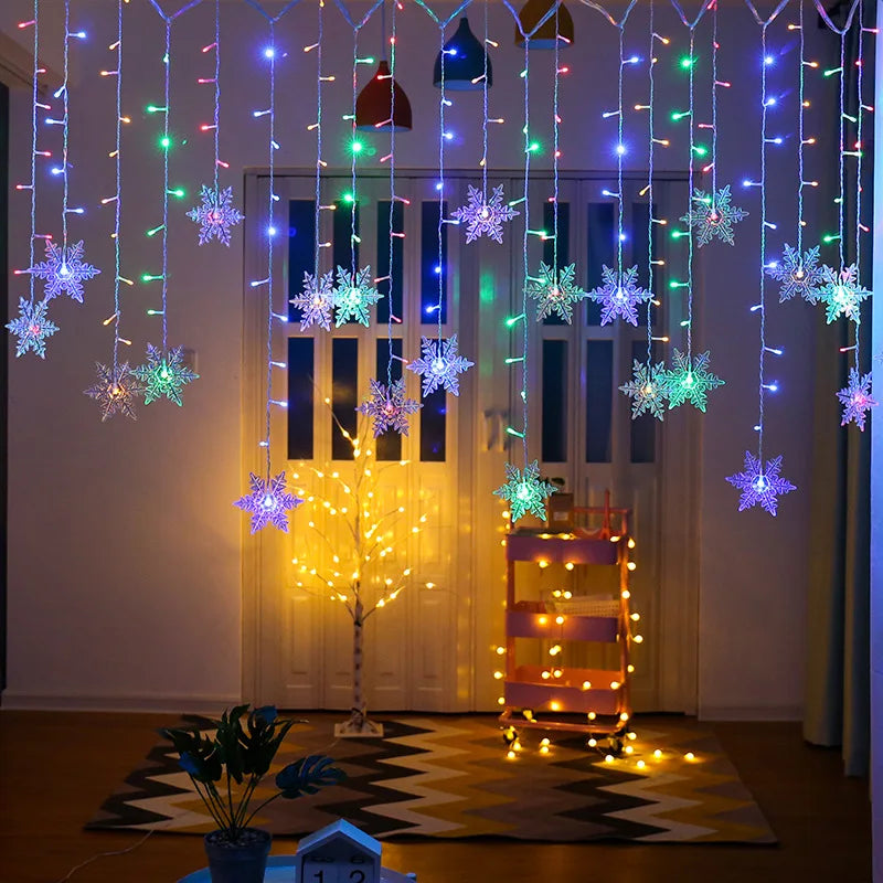 LED snowflake curtain light 320cm, decorative, with eight modes, copper wire, warm white, atmospheric party lighting | Sansoti