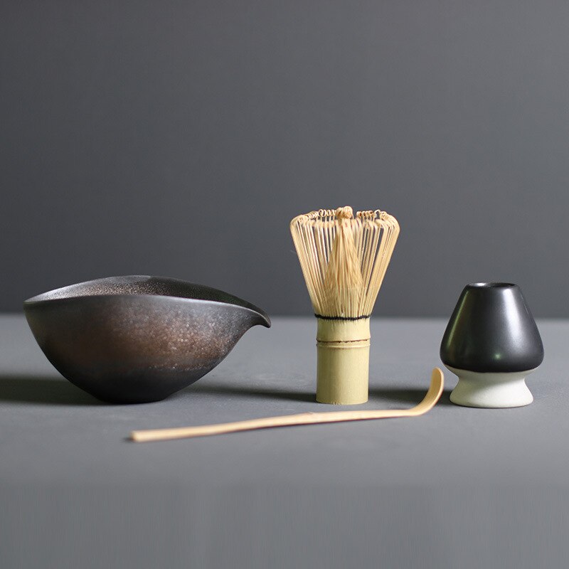 Juego de té matcha japonés de 4 piezas de bambú y cerámica para la ceremonia tradicional, con batidor, cuenco, cuchara y utensilios para el té | Sansoti