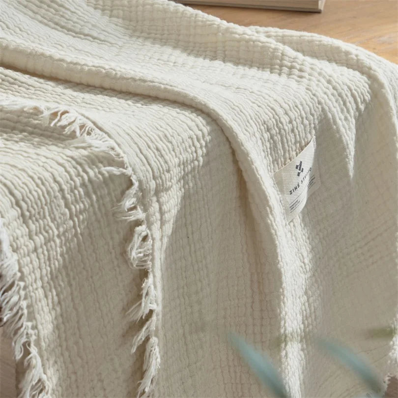 Manta de algodón de 6 capas, suave y transpirable, con flecos, tejida, para cama o sofá, ligera, ideal para el verano, en beige mejillón | Sansoti