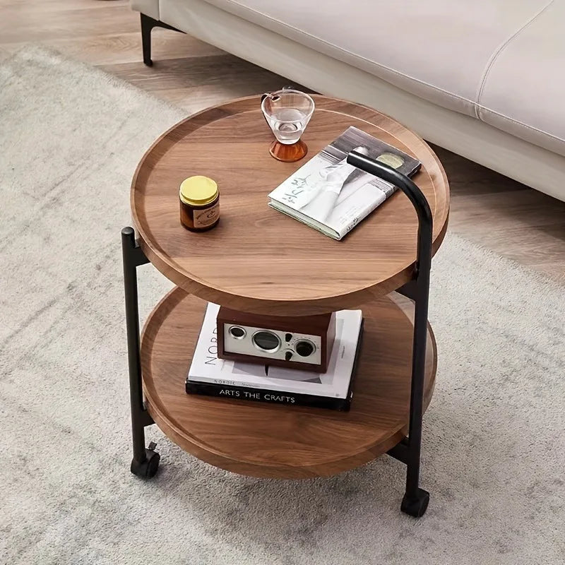 Rolling Side Table Wood Two-Tier Round 40cm Living Room Bedroom Wheels Compact Design Serving Storage | Sansoti